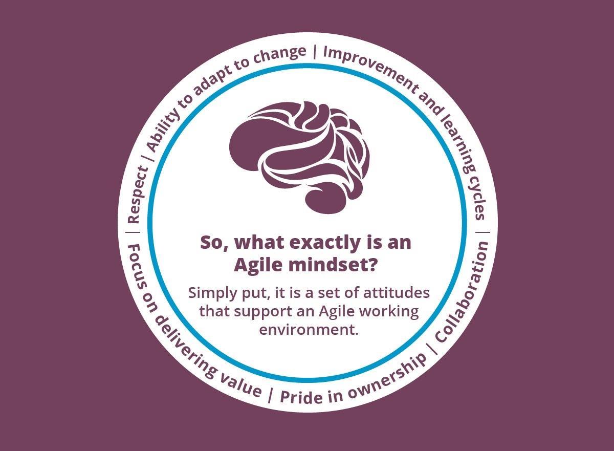 So, what exactly is an Agile mindset? Simply put, it is a set of attitudes that support an Agile working environment: respect, collaboration, improvement and learning cycles, pride in ownership, focus on delivering value, and ability to adapt to change.