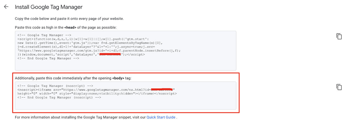 Second code snippet when installing Google Tag Manager 